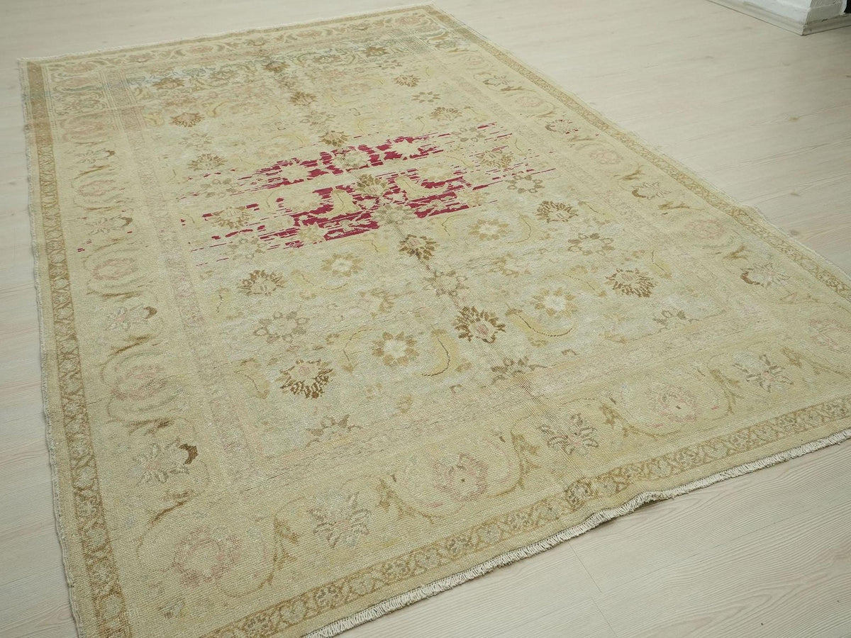Handmade Vintage Oushak Wool Rug 6x9 ft: Muted Color Turkish Area Carpet Rugs.
