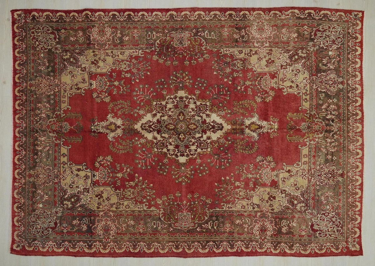 Antique Decor Turkish Sivas Rug: 6.7x9.5 ft, Red Brown Large Anatolian Carpet Rugs.