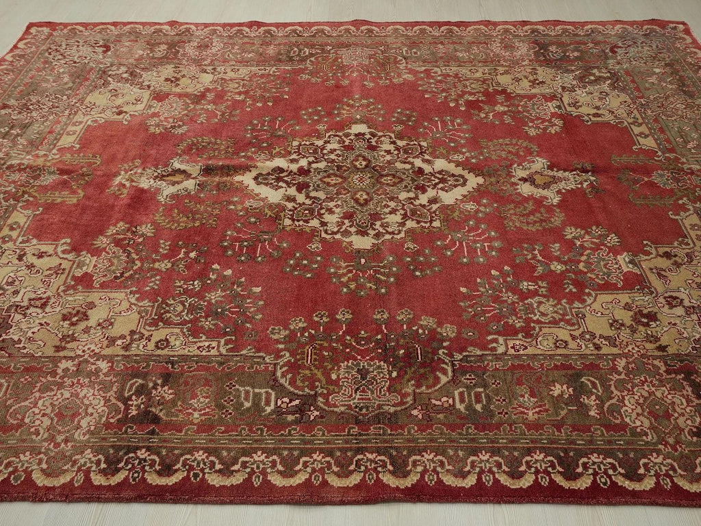 Antique Decor Turkish Sivas Rug: 6.7x9.5 ft, Red Brown Large Anatolian Carpet Rugs.