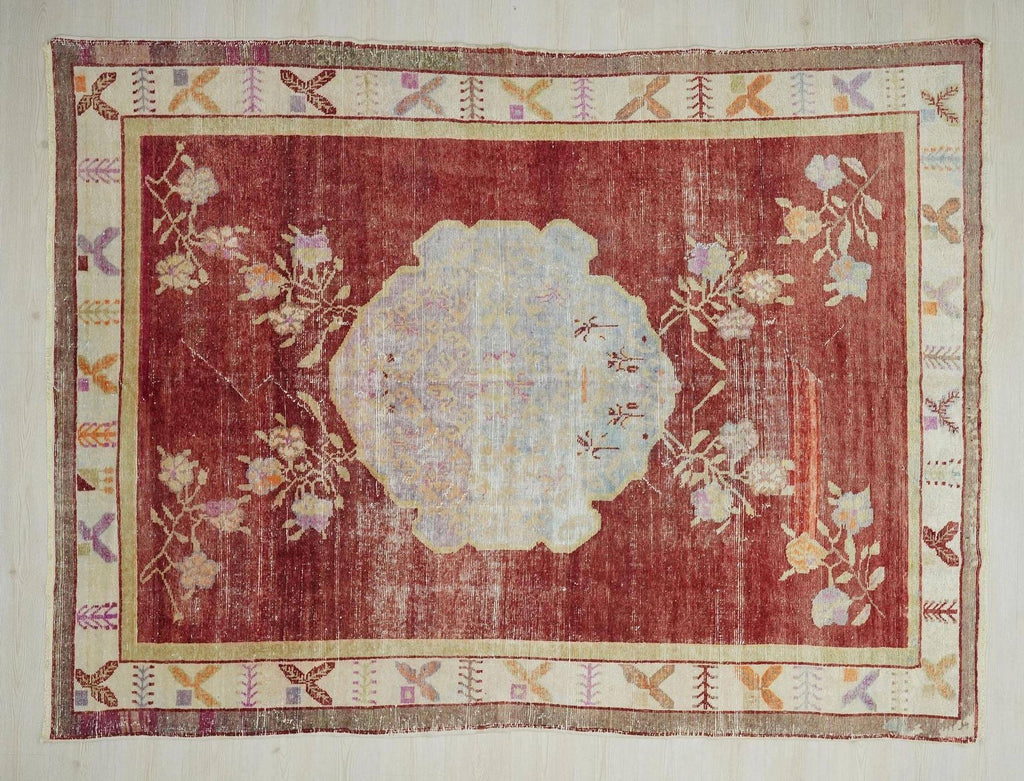 1930s Antique Decor Wool Turkish Area Rug: 7x9.4 ft, West Anatolian Carpet Rugs.