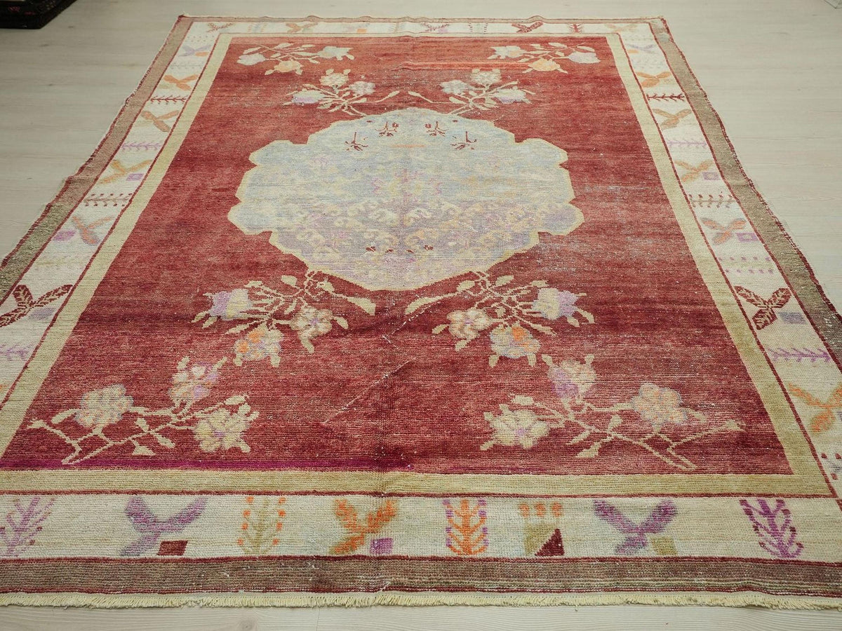 1930s Antique Decor Wool Turkish Area Rug: 7x9.4 ft, West Anatolian Carpet Rugs.