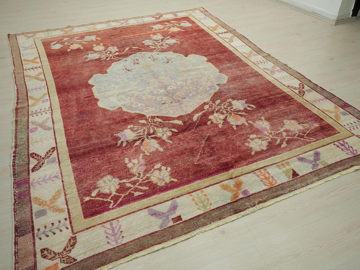 1930s Antique Decor Wool Turkish Area Rug: 7x9.4 ft, West Anatolian Carpet Rugs.