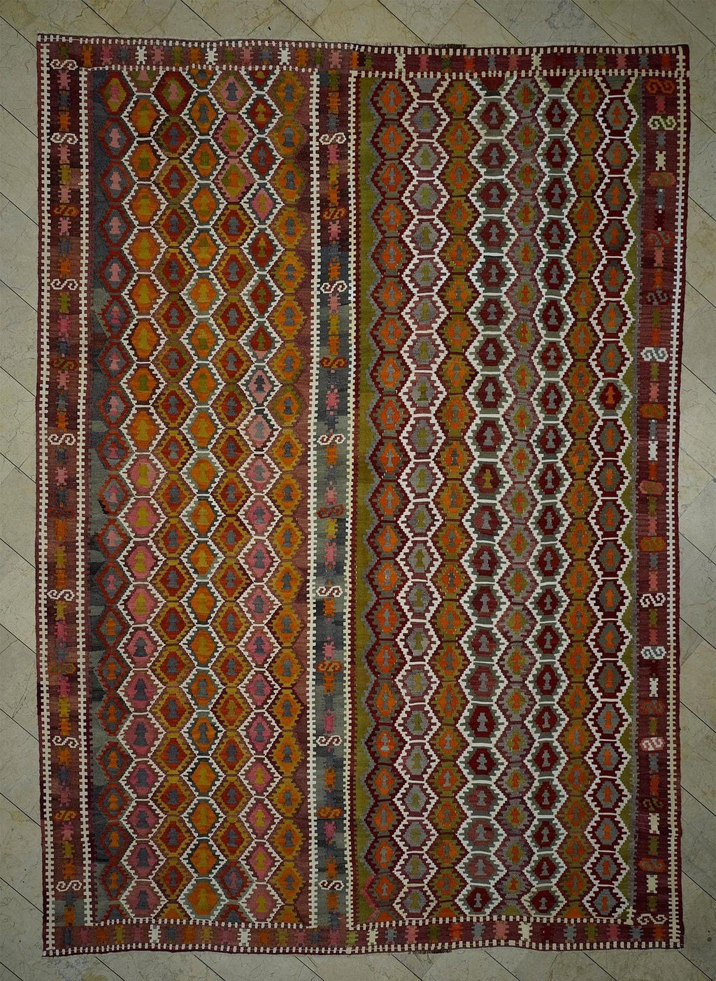 Honeycomb Design Turkish Wool Antique Kilim Rug,10x14 Luxurious Decor Handmade Rugs.
