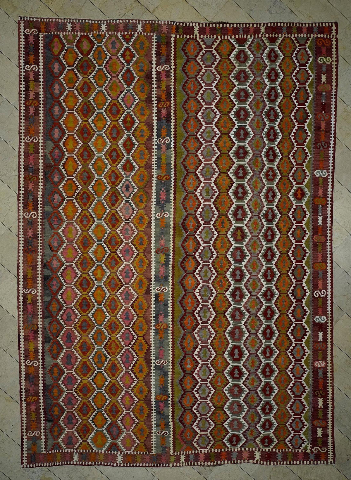 Honeycomb Design Turkish Wool Antique Kilim Rug,10x14 Luxurious Decor Handmade Rugs.