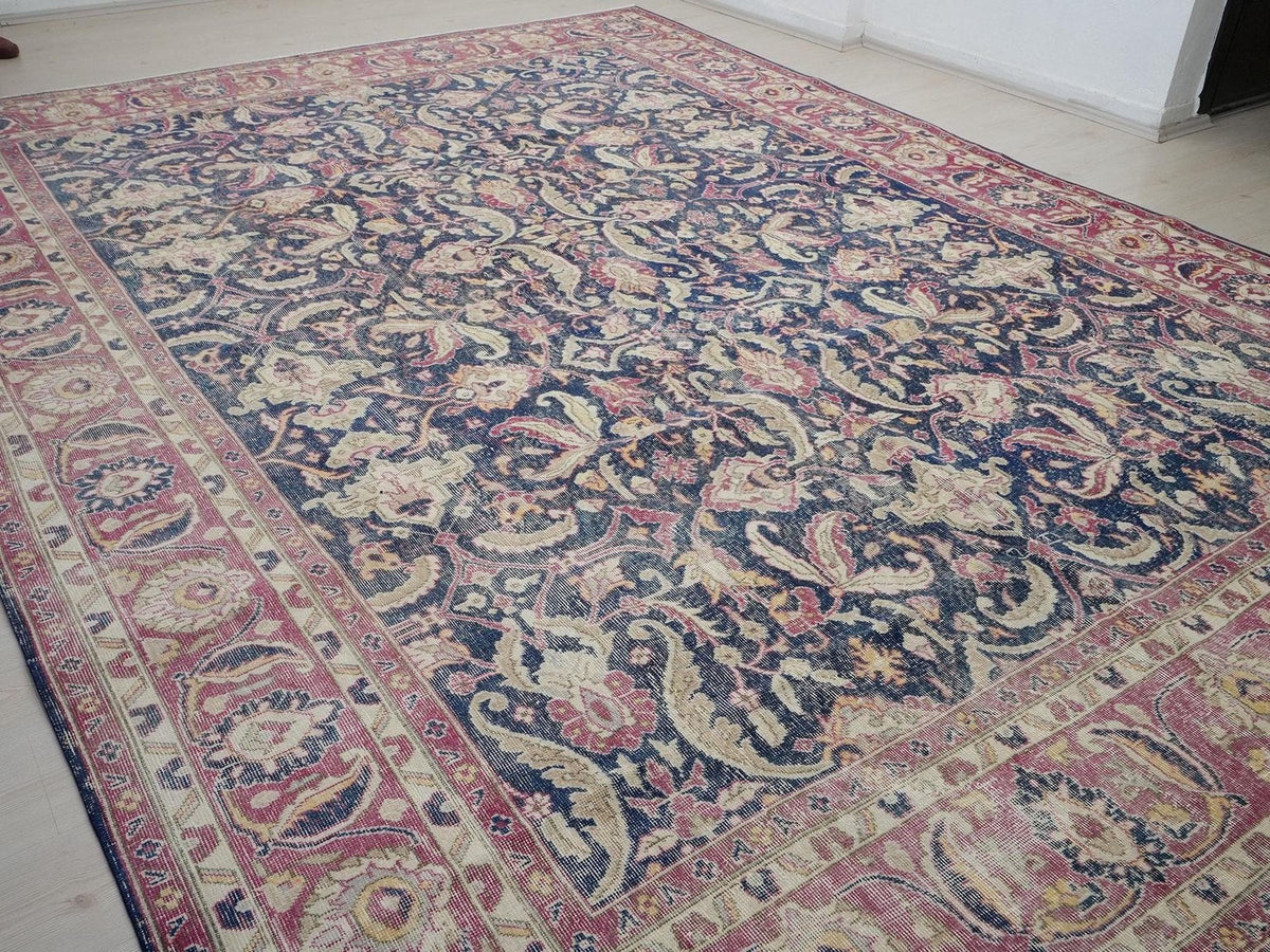 Oversize Navy Blue Oushak Rug: 9,6"x13,3" Feet, Vintage Floral Turkish Carpet Rugs.