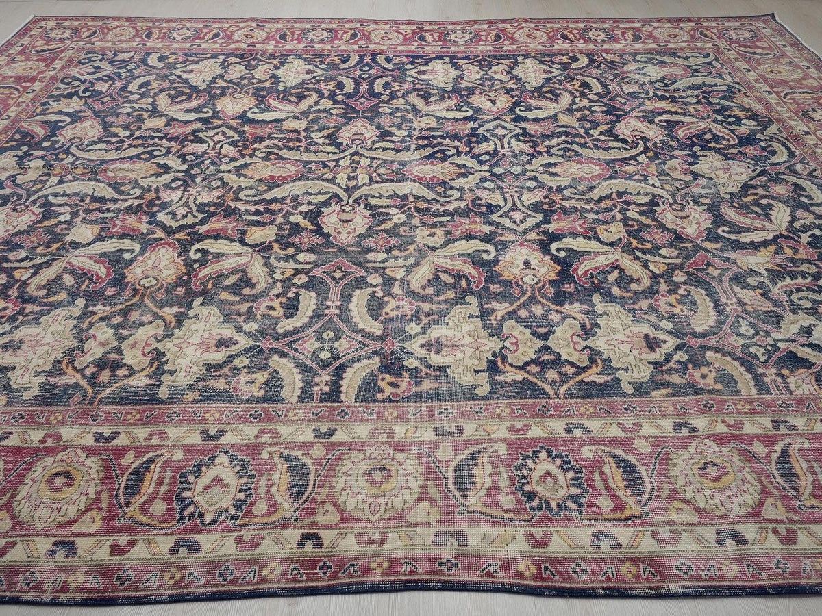 Oversize Navy Blue Oushak Rug: 9,6"x13,3" Feet, Vintage Floral Turkish Carpet Rugs.