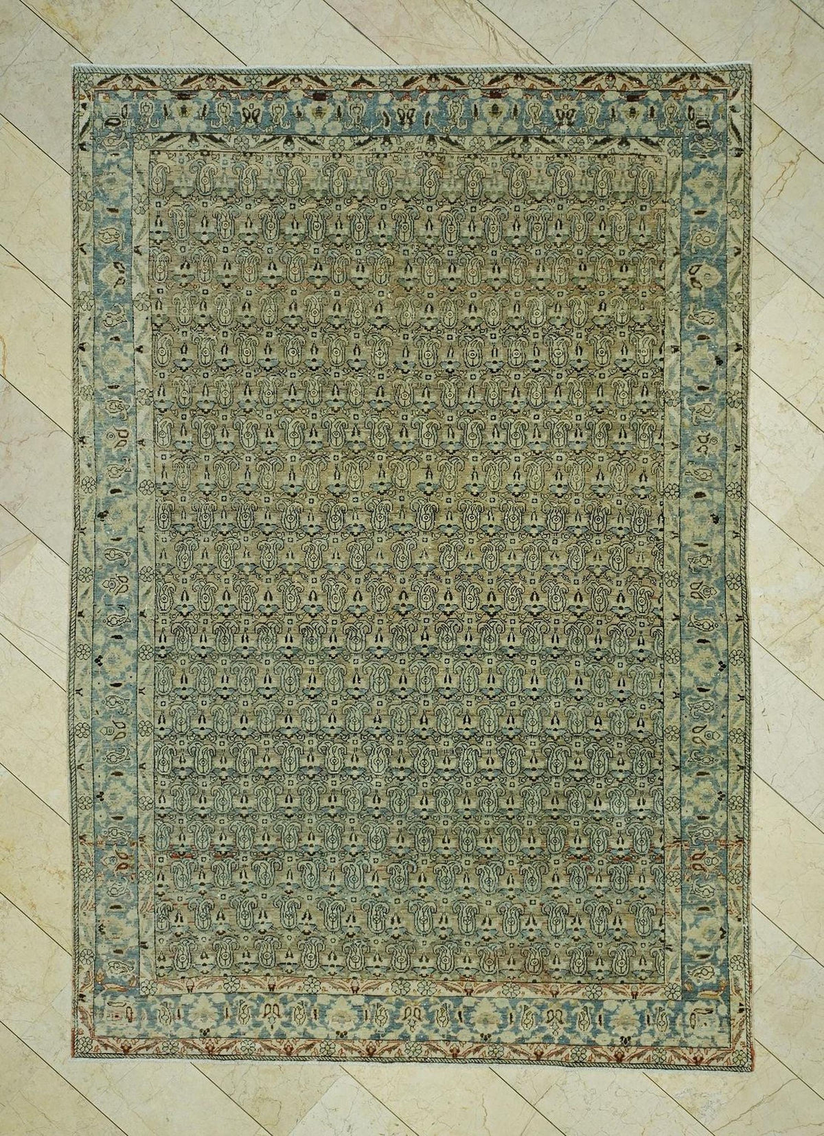 7x10 Antique Area Rug:Geometric Pattern Sky Blue & Chickpeas Colors Turkish Rugs