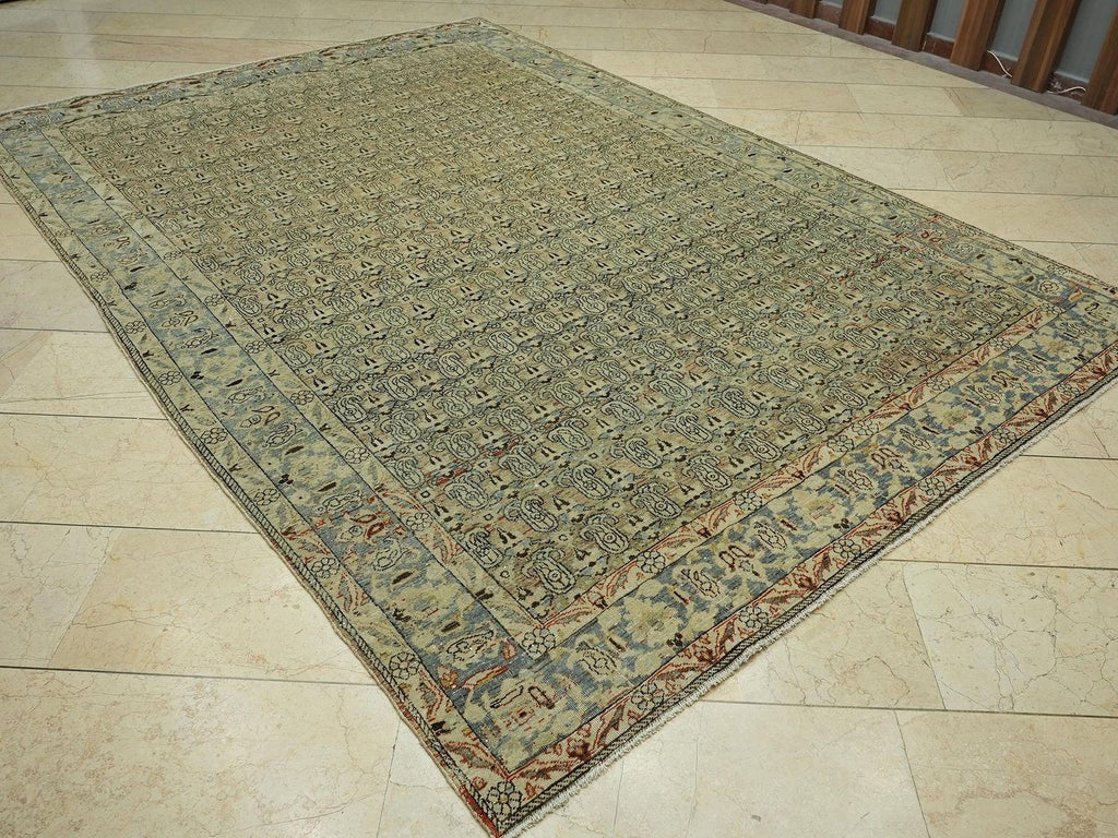 7x10 Antique Area Rug:Geometric Pattern Sky Blue & Chickpeas Colors Turkish Rugs