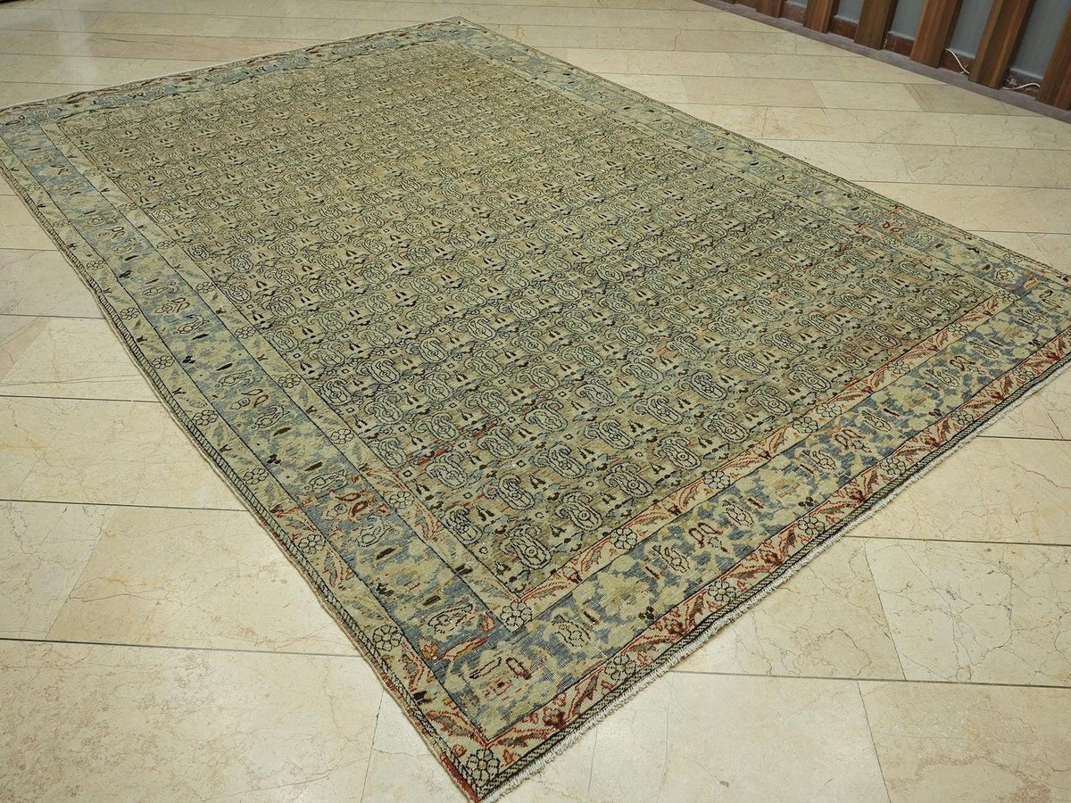 7x10 Antique Area Rug:Geometric Pattern Sky Blue & Chickpeas Colors Turkish Rugs