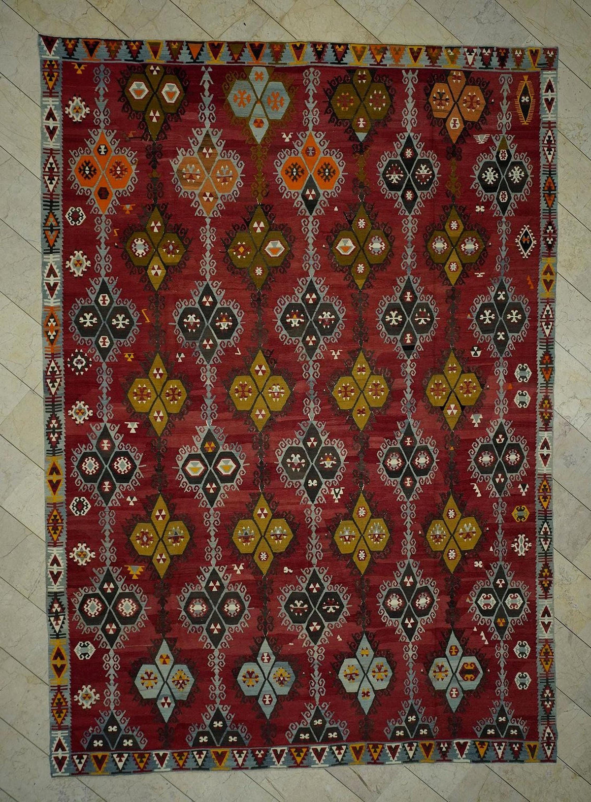 Antique Turkish Sivas Kilim Rug: 9.5"x13.6' Oversized Blue Red Rugs