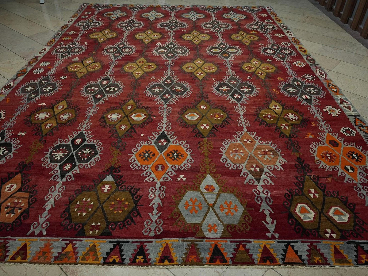 Antique Turkish Sivas Kilim Rug: 9.5"x13.6' Oversized Blue Red Rugs