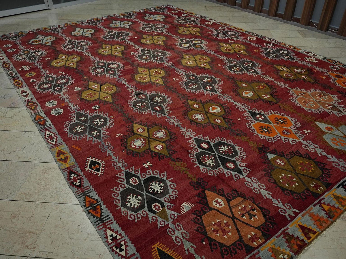Antique Turkish Sivas Kilim Rug: 9.5"x13.6' Oversized Blue Red Rugs