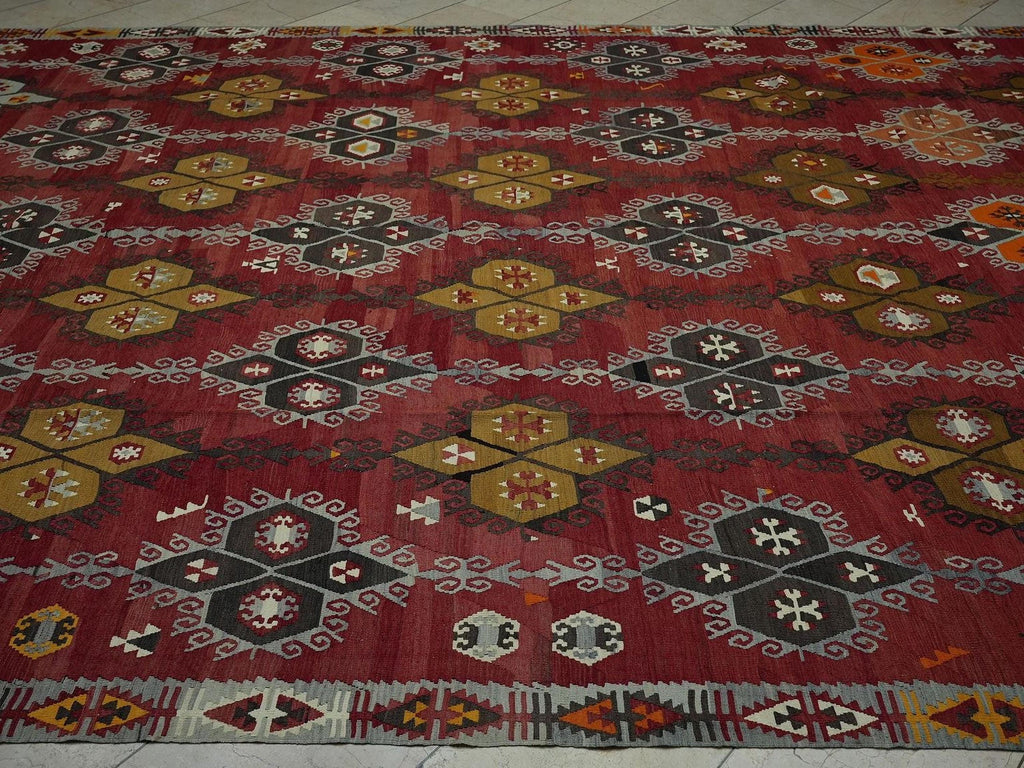 Antique Turkish Sivas Kilim Rug: 9.5"x13.6' Oversized Blue Red Rugs