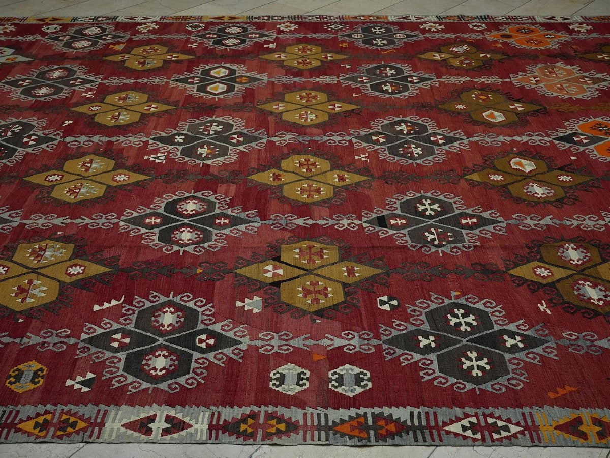 Antique Turkish Sivas Kilim Rug: 9.5"x13.6' Oversized Blue Red Rugs