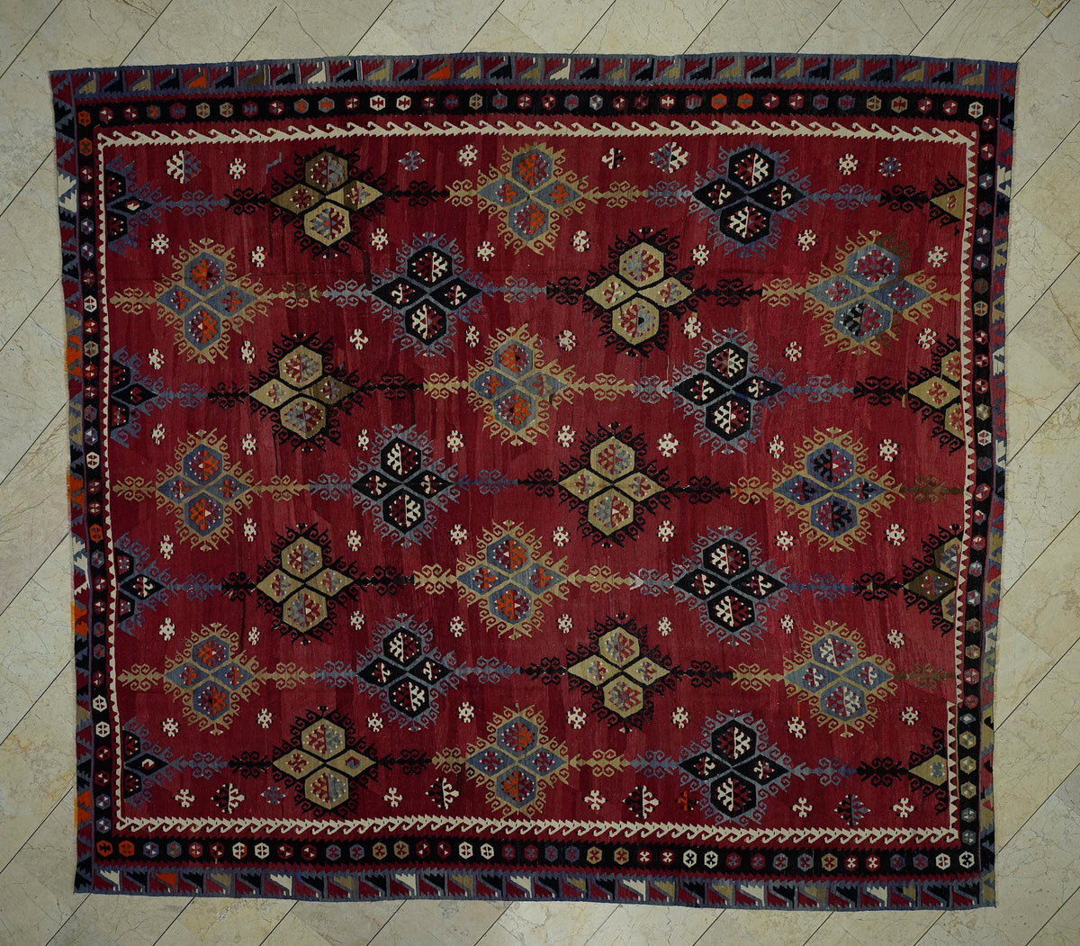 Antique Oversize Kilim Rug: 10x11 Red & Blue Turkish Tribal Woven Rugs.