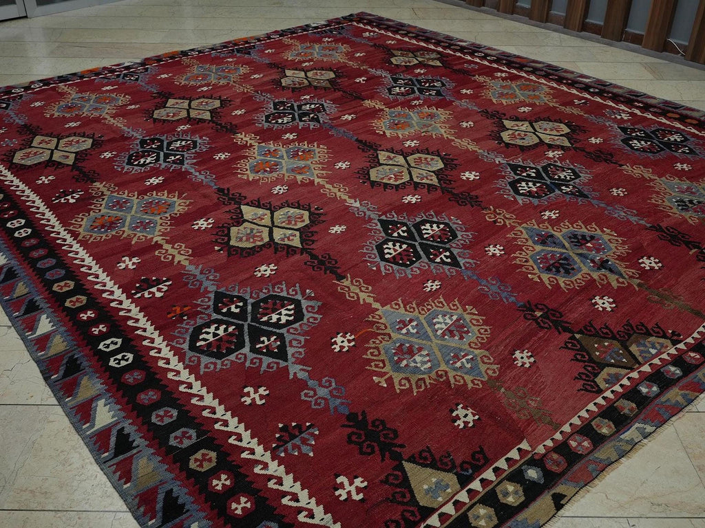 Antique Oversize Kilim Rug: 10x11 Red & Blue Turkish Tribal Woven Rugs.
