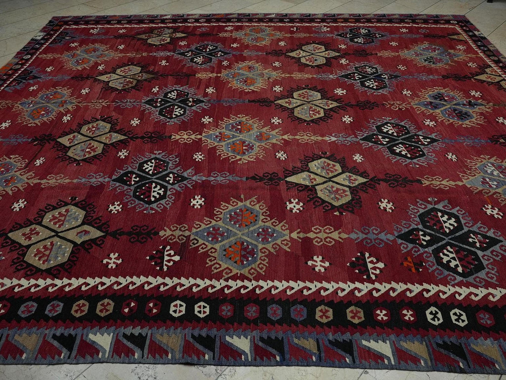 Antique Oversize Kilim Rug: 10x11 Red & Blue Turkish Tribal Woven Rugs.