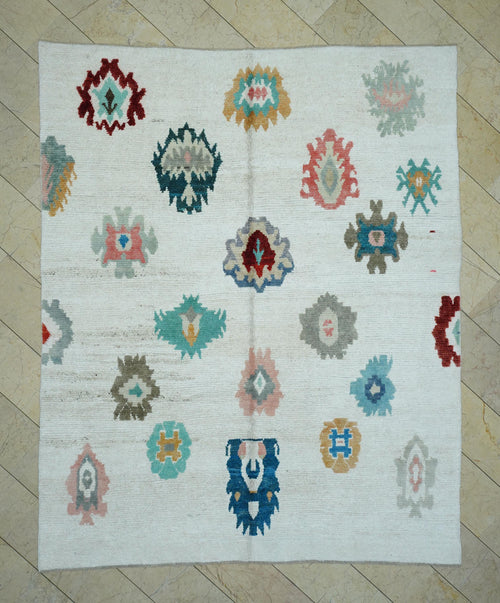 8x10 Oushak White Hemp Rug: Multi Color Handmade Turkish Carpet,Moroccan Style Rugs.
