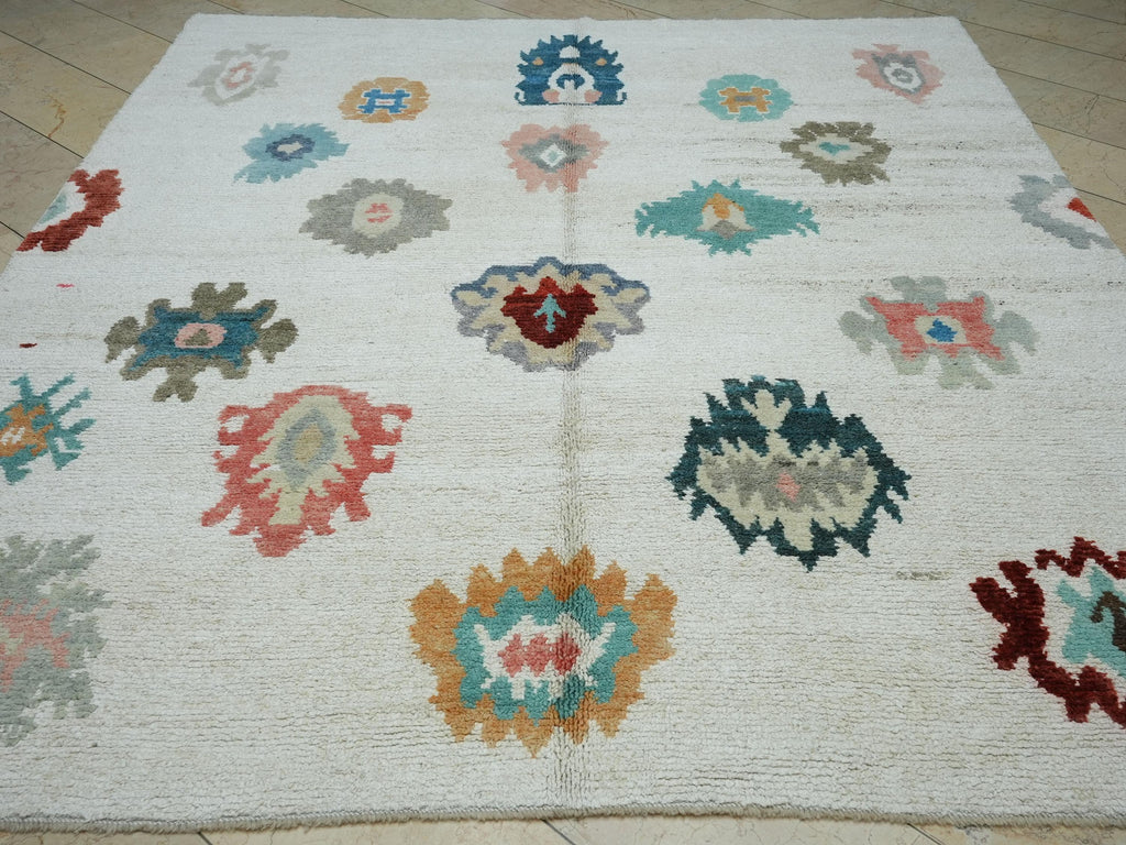 8x10 Oushak White Hemp Rug: Multi Color Handmade Turkish Carpet,Moroccan Style Rugs.