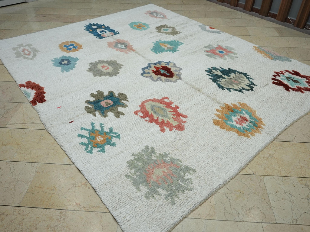 8x10 Oushak White Hemp Rug: Multi Color Handmade Turkish Carpet,Moroccan Style Rugs.