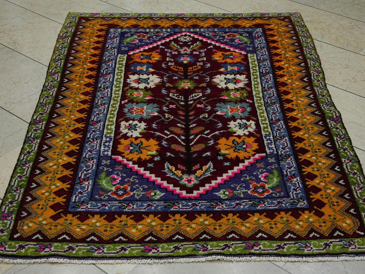 Multi Bright Color Antique Turkish Rug,3.7x5.1 Ft,Primitive Pattern Handmade Rugs.