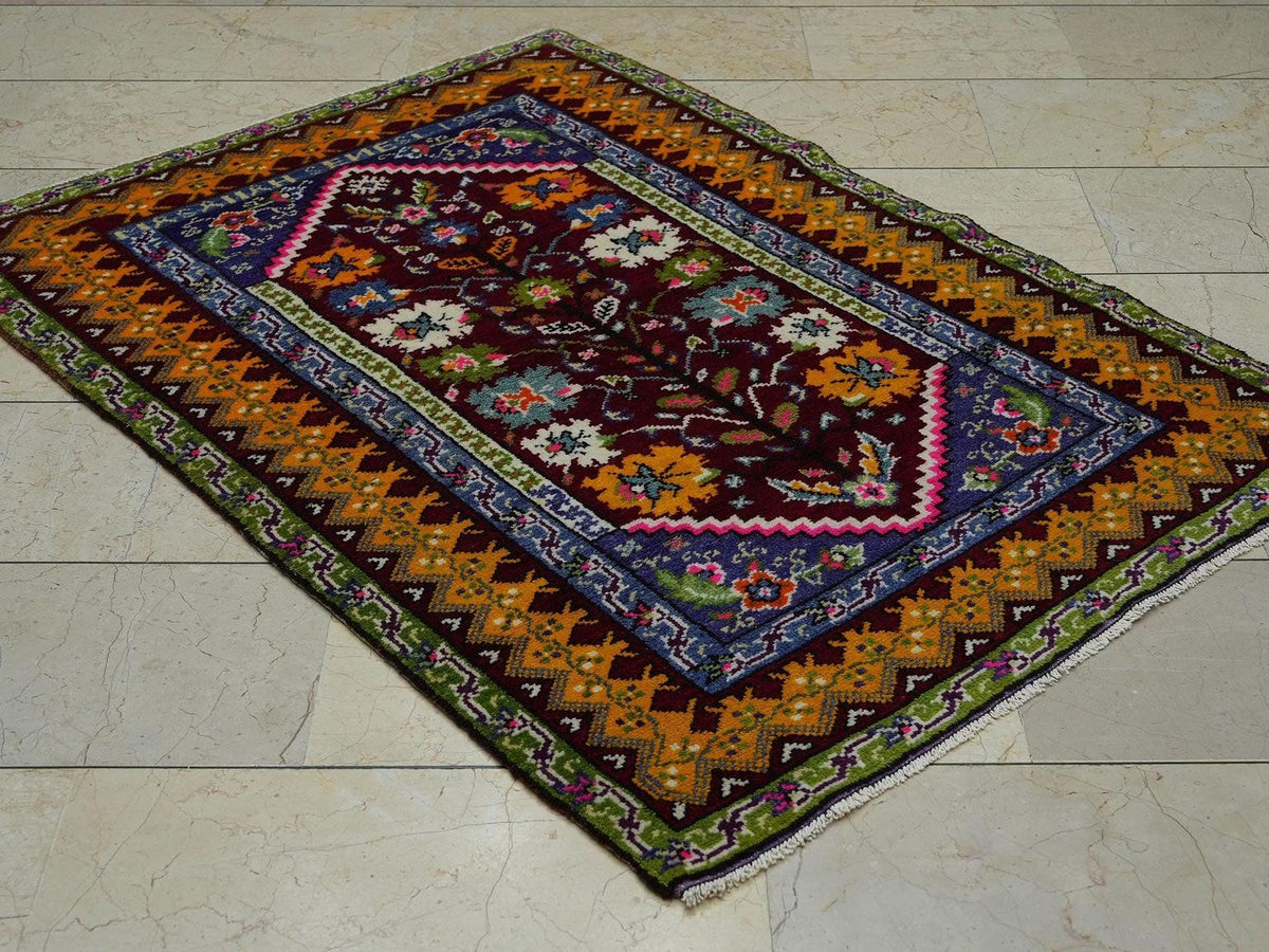 Multi Bright Color Antique Turkish Rug,3.7x5.1 Ft,Primitive Pattern Handmade Rugs.