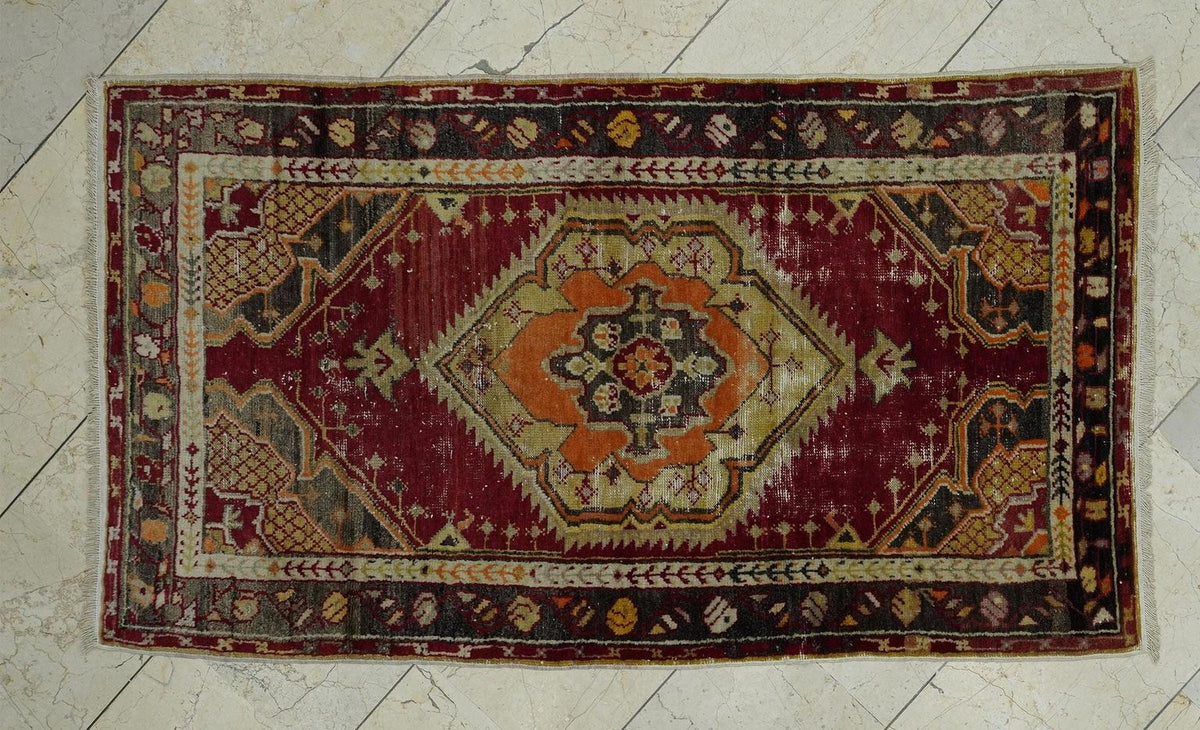 Antique Turkish Rug: 1930s Handmade Wool Denizli Carpet 3x5.2 ft
