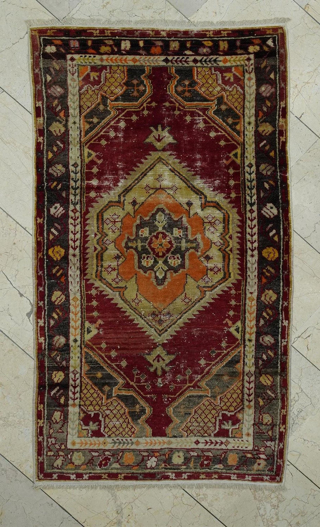 Antique Turkish Rug: 1930s Handmade Wool Denizli Carpet 3x5.2 ft