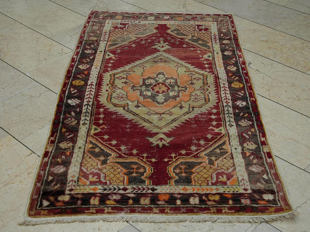 Antique Turkish Rug: 1930s Handmade Wool Denizli Carpet 3x5.2 ft