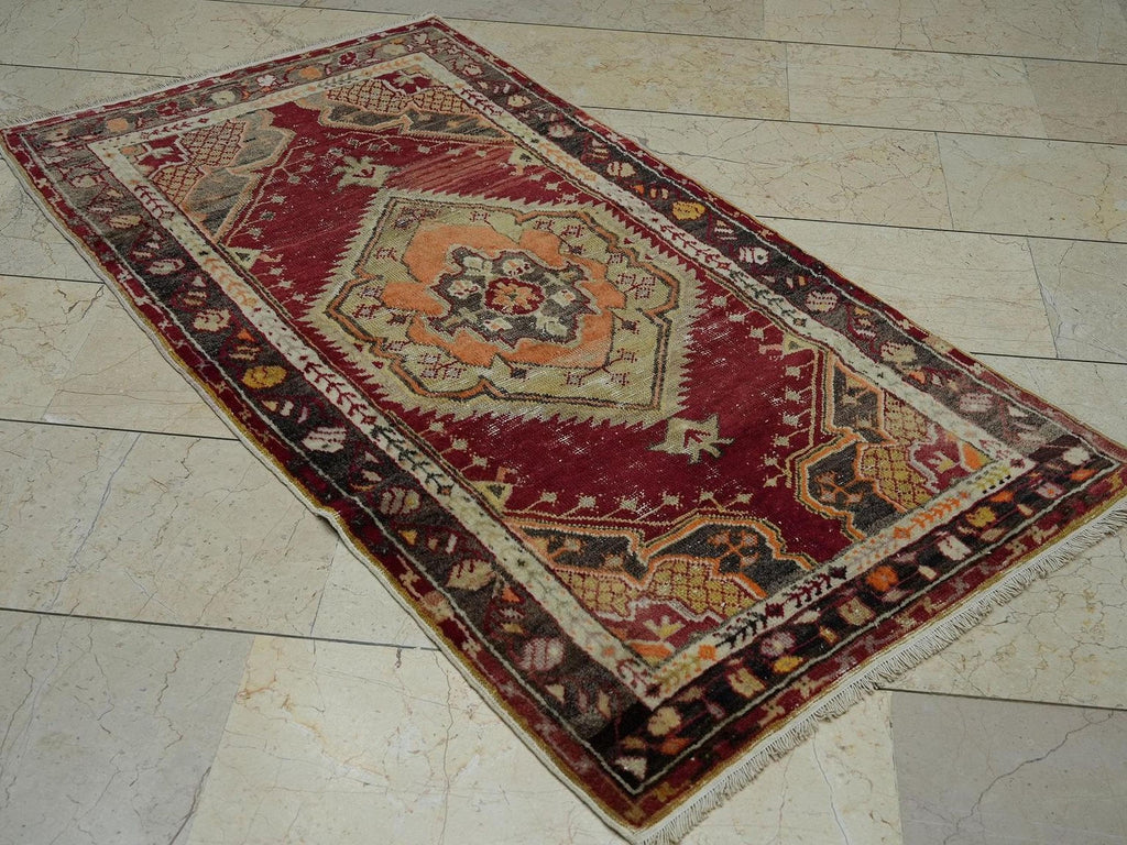 Antique Turkish Rug: 1930s Handmade Wool Denizli Carpet 3x5.2 ft