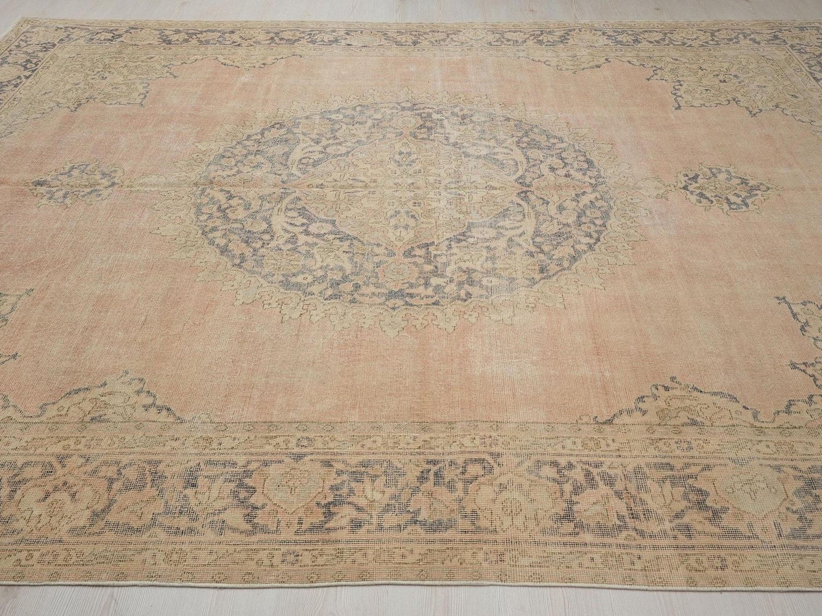 Vintage Oushak Rug: 8x11 Turkish Wool Carpet, Geometric Design Rugs.