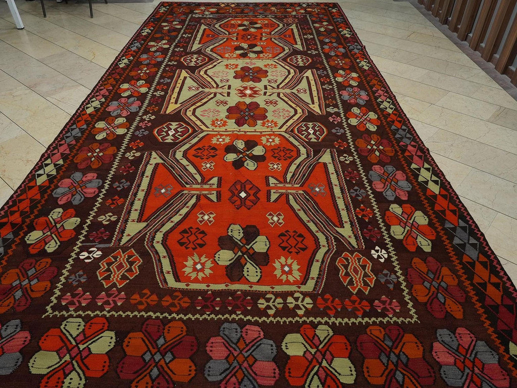 8x17 Old Turkish Kilim Rug: Oversize Unique Antique Wool Rugs,Palace Place  Kilims.
