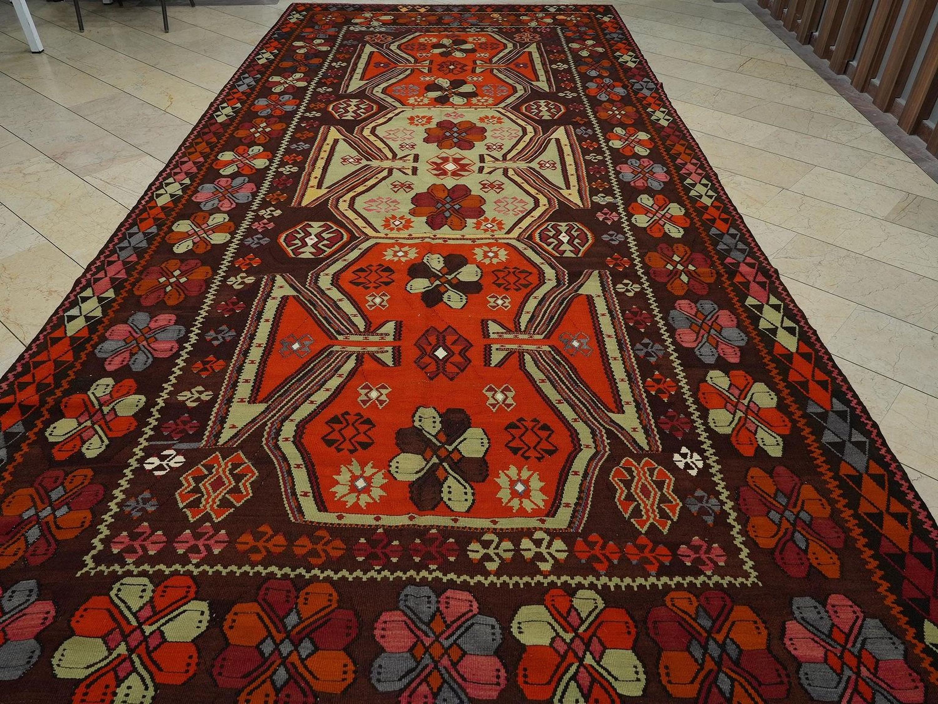 8x17 Old Turkish Kilim Rug: Oversize Unique Antique Wool Rugs,Palace Place  Kilims.
