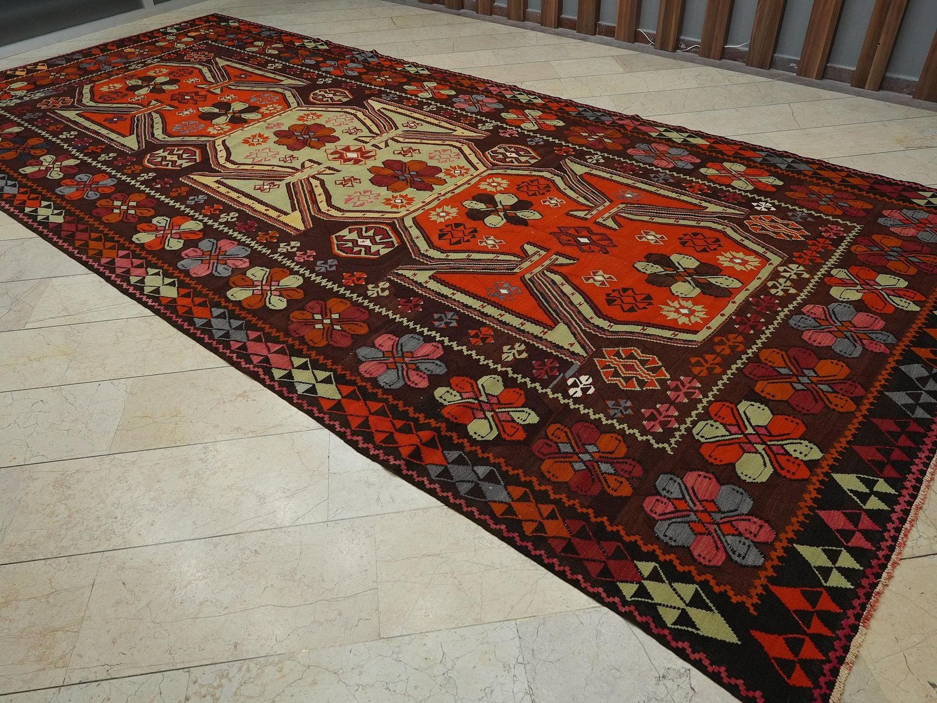 8x17 Old Turkish Kilim Rug: Oversize Unique Antique Wool Rugs,Palace Place  Kilims.