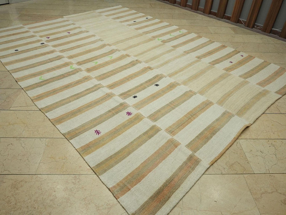 8x11 Spring Decor Oversize Vintage Hemp Kilim Rug: Stripe Design Turkish Rugs.