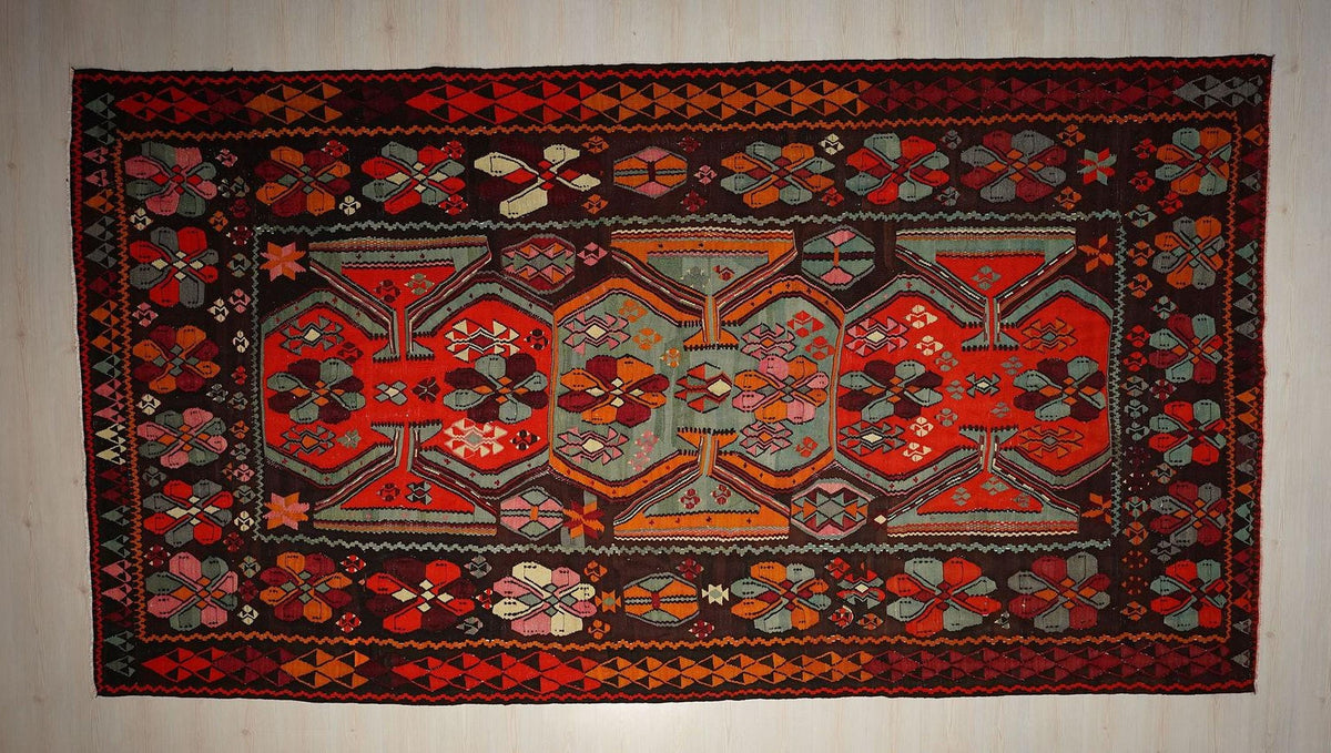 Oversize Flat Weave Kilim Rug: 1950s Colorful Antique Rare Handmade Rugs 7,5x14 Ft.