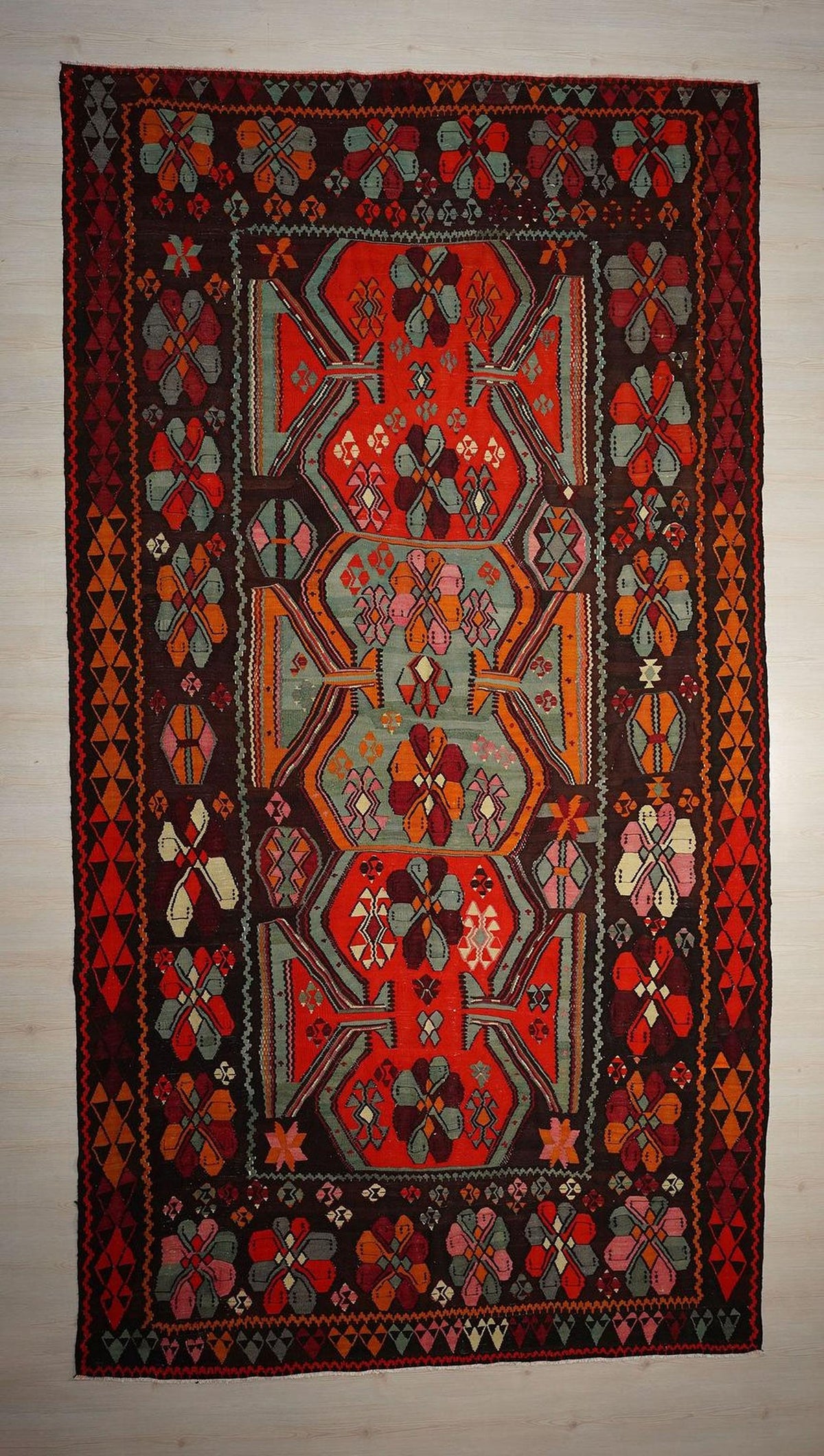 Oversize Flat Weave Kilim Rug: 1950s Colorful Antique Rare Handmade Rugs 7,5x14 Ft.
