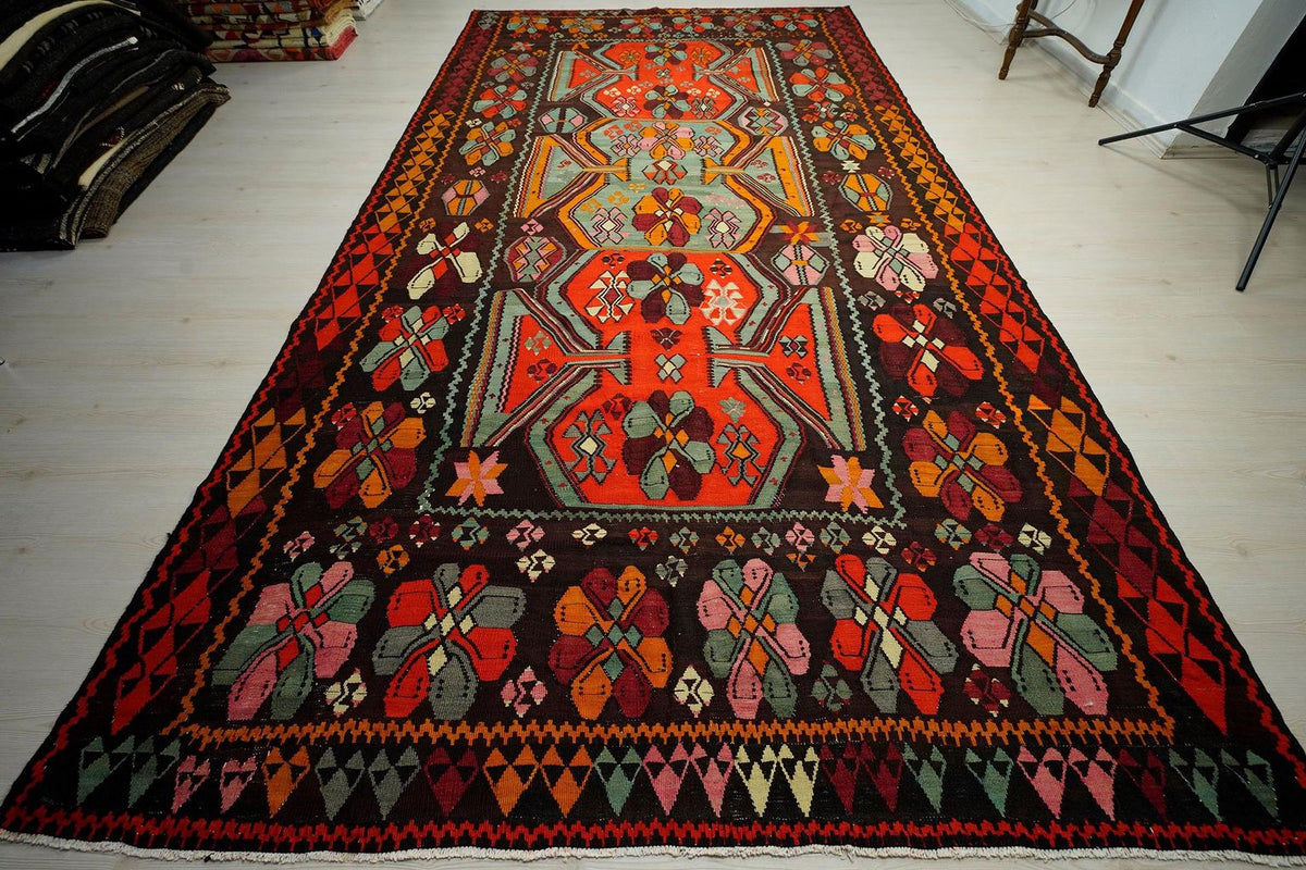 Oversize Flat Weave Kilim Rug: 1950s Colorful Antique Rare Handmade Rugs 7,5x14 Ft.