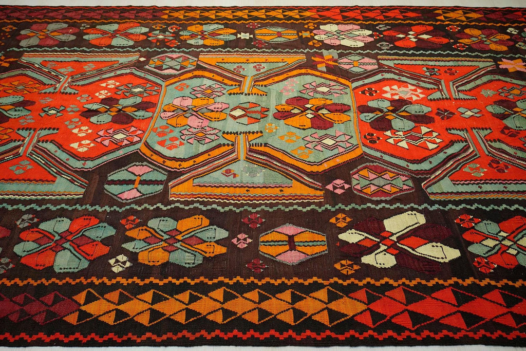 Oversize Flat Weave Kilim Rug: 1950s Colorful Antique Rare Handmade Rugs 7,5x14 Ft.