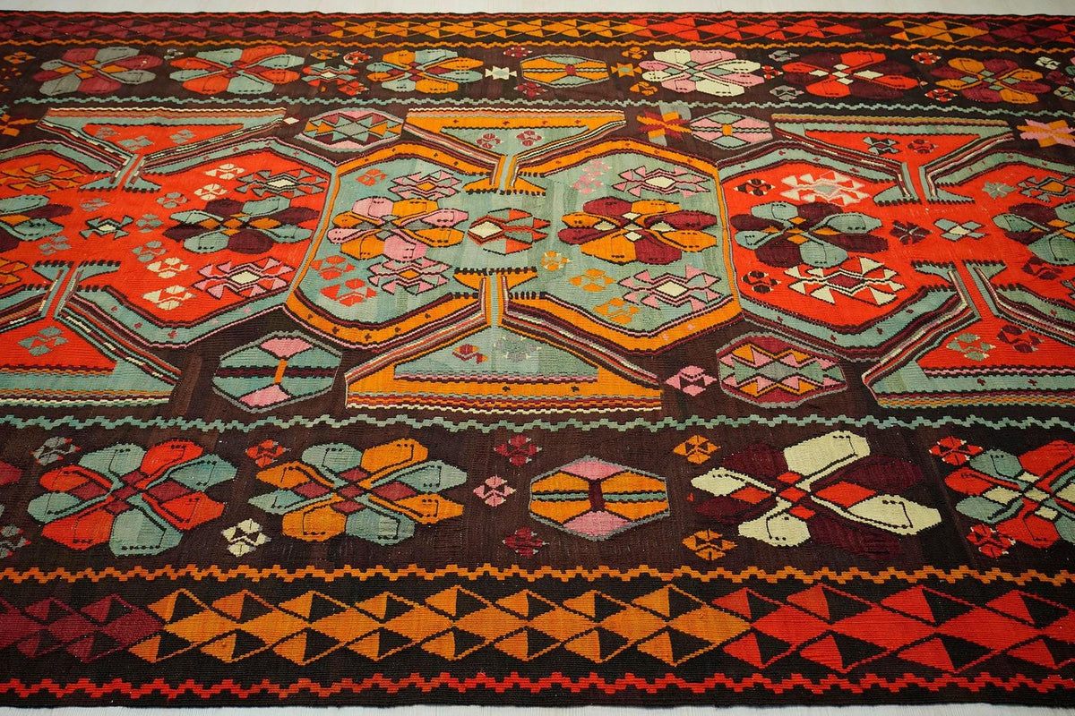 Oversize Flat Weave Kilim Rug: 1950s Colorful Antique Rare Handmade Rugs 7,5x14 Ft.