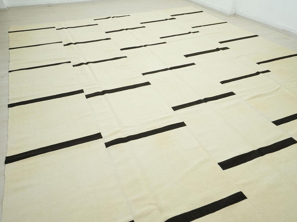 Oversized Stripe Wool Kilim Rug: Mid-Century Modern Turkish Flat Weave 10x13.7 ft.