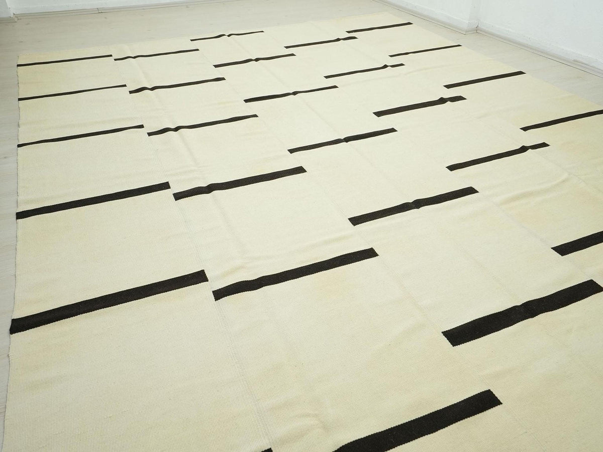 Oversized Stripe Wool Kilim Rug: Mid-Century Modern Turkish Flat Weave 10x13.7 ft.