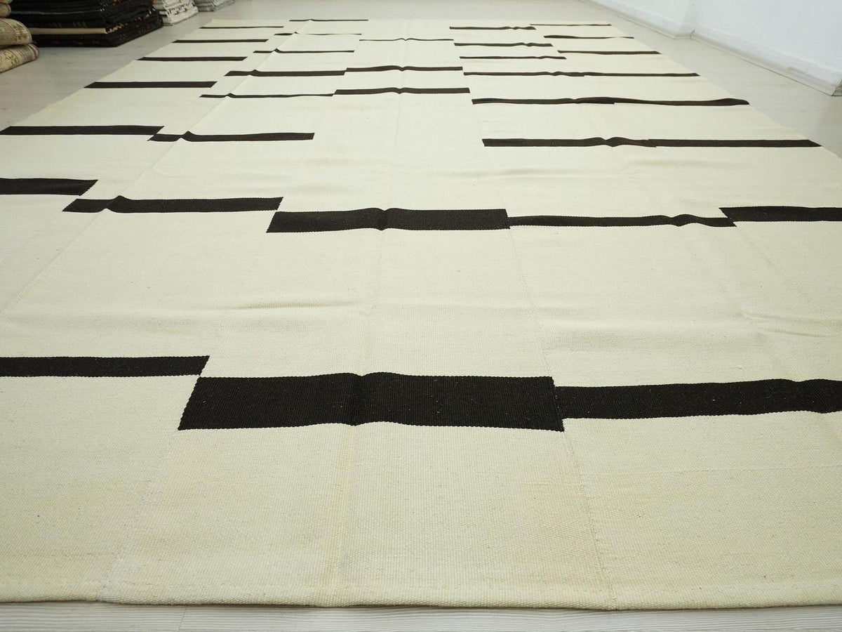 10x13 Scandinavian Style Brown & White Striped Turkish Kilim Rug