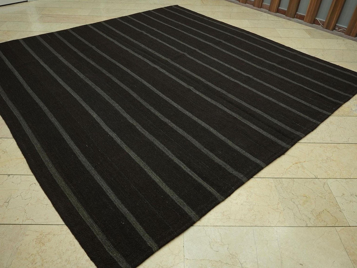 9x9 Plain Natural Goat Hair Brown Kilim Rug: Nomadic Flat Weave Oversize Rugs.