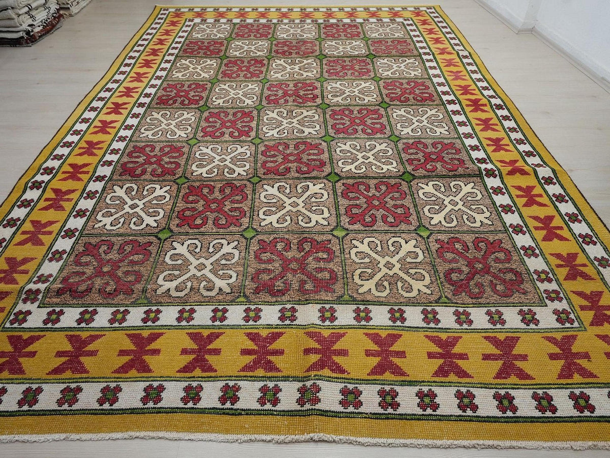8x13 Multi Colorful Turkish Wool Rug: Geometric Pattern Vintage Carpet,Home Living Rugs.