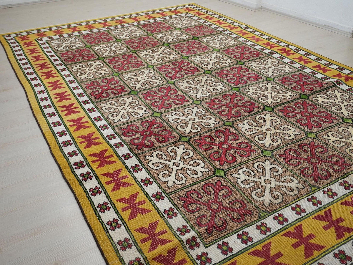 8x13 Multi Colorful Turkish Wool Rug: Geometric Pattern Vintage Carpet,Home Living Rugs.