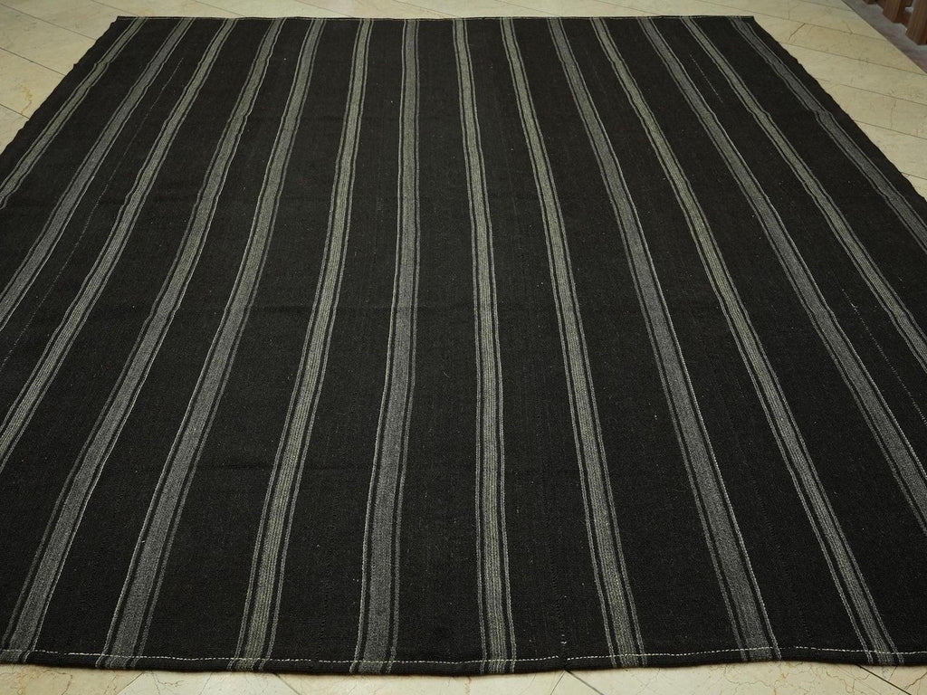 Mid Century Modern,Gray & Dark Brown Striped Nomadic Goat Hair Kilim Rug: 9.5x10.7 Feet.