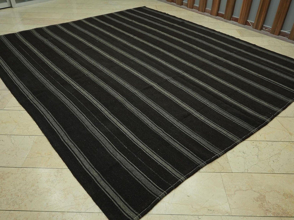 Mid Century Modern,Gray & Dark Brown Striped Nomadic Goat Hair Kilim Rug: 9.5x10.7 Feet.