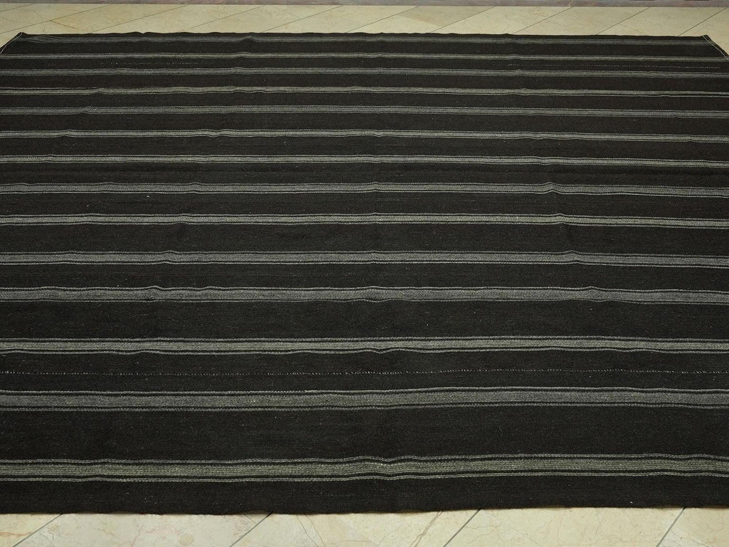 Mid Century Modern,Gray & Dark Brown Striped Nomadic Goat Hair Kilim Rug: 9.5x10.7 Feet.