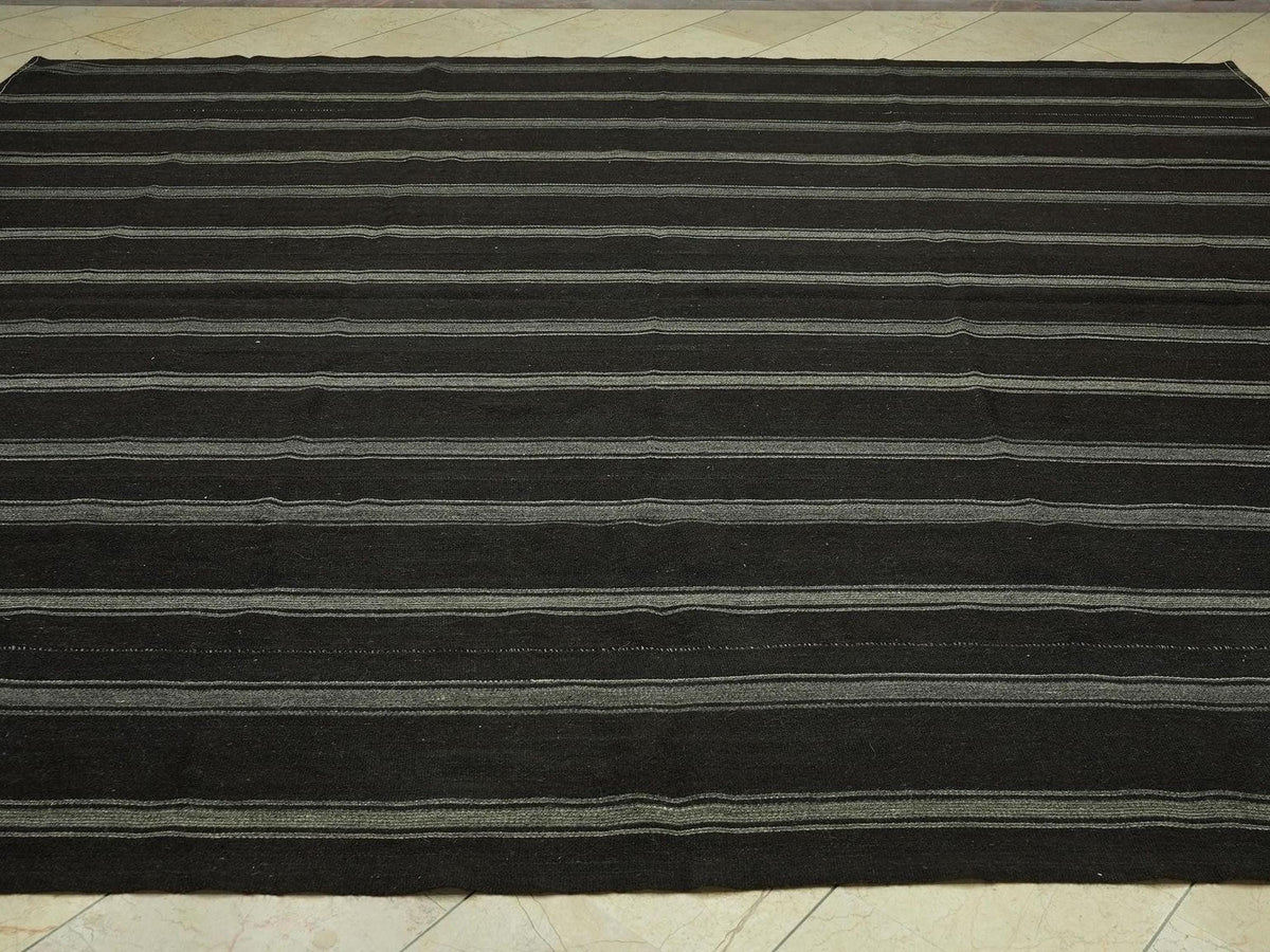 Mid Century Modern,Gray & Dark Brown Striped Nomadic Goat Hair Kilim Rug: 9.5x10.7 Feet.